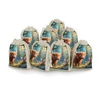 Cotton Muslin Bag 8 Pack Drawstring Gift Bags Reusable Cute Highland Cow Gift Pouches for Party Favors Jewelry Spice Sachet Birthday Party Bridal Shower Wedding Home Storage 5 X 7 Inch