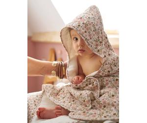 Cotton Muslin Bath Cape + Wash Mitt, FLORA printed white