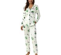 Cotton Pajamas for Women Two Piece Lounge Wear Sets for Women Uk Button Down Long Sleeve Tops&Wide Leg Bottoms Pjs Set Ladies Cute Graphic Soft Sleepwear Light Green Style#3 Womens Co Ord Sets M