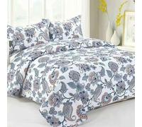 Cotton Patchwork Queen Quilt Set, 3-Piece Bohemian Farmhouse Bedspread & 2 Pillow Shams, Reversible Green Embroidered Floral Design, 100% Boho Chic Coverlet for Bedding(A-50,68.8x76.7"(175x195cm)3pcs)