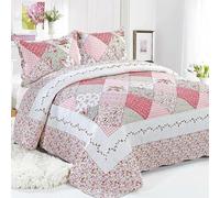 Cotton Patchwork Queen Quilt Set, 3-Piece Bohemian Farmhouse Bedspread & 2 Pillow Shams, Reversible Green Embroidered Floral Design, 100% Boho Chic Coverlet for Bedding(A-33,57x76.7(145x195cm) 2pcs)