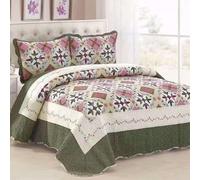 Cotton Patchwork Queen Quilt Set, 3-Piece Bohemian Farmhouse Bedspread & 2 Pillow Shams, Reversible Green Embroidered Floral Design, 100% Boho Chic Coverlet for Bedding(A-12,68.8x76.7"(175x195cm)3pcs)