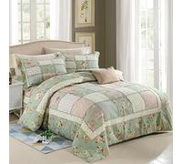 Cotton Patchwork Queen Quilt Set, 3-Piece Bohemian Farmhouse Bedspread & 2 Pillow Shams, Reversible Green Embroidered Floral Design, 100% Boho Chic Coverlet for Bedding(A-29,57x76.7(145x195cm) 2pcs)