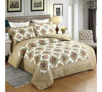 Cotton Patchwork Queen Quilt Set, 3-Piece Bohemian Farmhouse Bedspread & 2 Pillow Shams, Reversible Green Embroidered Floral Design, 100% Boho Chic Coverlet for Bedding(A-4,57x76.7(145x195cm) 2pcs)