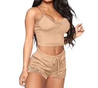 Cotton Pijamas Set Women Summer - Strappy Pyjamas For Women Sleeveless Nightwear Lace Camisole Tops And Summer Shorts Loungewear Set Lightweight Comfortable Nightwear V Neck Tops Nighties Khaki