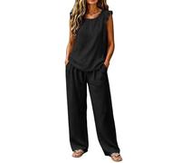 Cotton Pjs for Women Sets Ruffle Sleeveless Tank Top & Side Pocket Straight Leg Trousers Solid Colour Women's Loose Fit Tracksuits Summer Outfits Streetwear Trendy 2026 Size XL