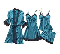 Cotton pjs for Women Sets Sleepwear Lace Satin Negligees Cami Top and Shorts Pjs Set with Robe Summer Pyjamas Sets Babydoll Lingerie Pj Nighties Honeymoon Bridesmaid Nightwear Blue
