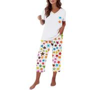Cotton Pyjamas For Women 2 Piece Short Sleeve Floral Print Pyjama Set Soft Comfy Cotton V Neck Loungewear Tops and Capri Pants with Pockets Lightweight Breatheable Sleepwear Nightwear Red