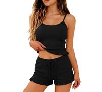 Cotton Pyjamas Sets For Women Shorts - Womens Summer Pyjamas Set Sleeveless - Ribbed Sets Ruffled Stretch Slimmed Camisole Top 3Xl Soft Adjustable Drawstring Waist Shorts 2 Piece Pajama Set