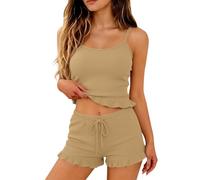 Cotton Pyjamas Sets For Women Shorts - Womens Summer Pyjamas Set Sleeveless - Ribbed Sets Ruffled Stretch Slimmed Camisole Top 3Xl Soft Adjustable Drawstring Waist Shorts 2 Piece Pajama Set