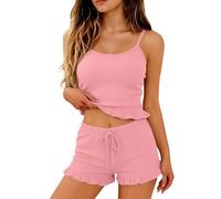Cotton Pyjamas Sets For Women Shorts - Womens Summer Pyjamas Set Sleeveless - Ribbed Sets Ruffled Stretch Slimmed Camisole Top 3Xl Soft Adjustable Drawstring Waist Shorts 2 Piece Pajama Set