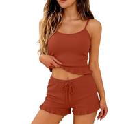 Cotton Pyjamas Sets For Women Shorts - Womens Summer Pyjamas Set Sleeveless - Ribbed Sets Ruffled Stretch Slimmed Camisole Top 3Xl Soft Adjustable Drawstring Waist Shorts 2 Piece Pajama Set