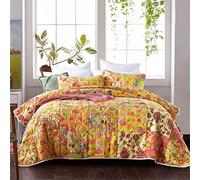 Cotton Quilted Bedspread 3 Piece Handmade Patchwork American Style Flowers Pattern Quilts Coverlets Super King Size 240X270cm with 2 Pillowcase Cozy Warm Bedspreads Machine Washable