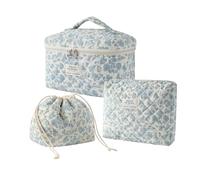 Cotton Quilted Drawstring Makeup Bag with Canvas Lining,Coquette Aesthetic Cute Travel Toiletry Bag,Drawstring Gift Bag for Women and Girls, 3Pcs Light Blue