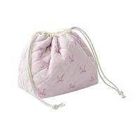 Cotton Quilted Drawstring Makeup Bag with Canvas Lining,Coquette Aesthetic Cute Travel Toiletry Bag,Drawstring Gift Bag for Women and Girls, 13Small Pink Bow