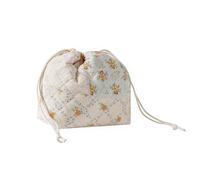 Cotton Quilted Drawstring Makeup Bag with Canvas Lining,Coquette Aesthetic Cute Travel Toiletry Bag,Drawstring Gift Bag for Women and Girls, 08Pink Flower