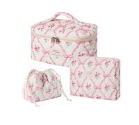 Cotton Quilted Drawstring Makeup Bag with Canvas Lining,Coquette Aesthetic Cute Travel Toiletry Bag,Drawstring Gift Bag for Women and Girls, 3Pcs Pink Bow