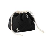 Cotton Quilted Drawstring Makeup Bag with Canvas Lining,Coquette Aesthetic Cute Travel Toiletry Bag,Drawstring Gift Bag for Women and Girls, 06Black Bows
