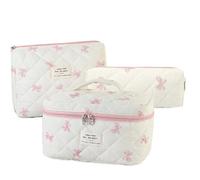 Cotton Quilted Makeup Bag Set, 3 PCS Cotton Quilted Makeup Bag Cute Floral Toiletry Large Cute Travel Cosmetic Travel Skincare for Women Ladies Girls, Large Make Up