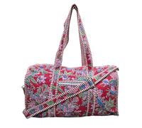 Cotton Quilted Weekender Bag for Women, Large Block Print Duffel Bag with Shoulder Strap, Carry On Overnight Travel Bag for Gym, Beach & Yoga, Red & Multi-Color Duffle, 18 x 10 x 10 inches, Quilted