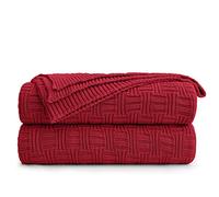 Cotton Red Knit Throw Blanket for Couch Sofa Beach Chair Bed Home Decorative Soft Warm Cozy Cable Lightweight Knitted Blankets, 50 x 60 Inch