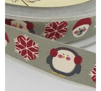 Cotton Ribbon 15mm Christmas Print Tape Grey Blue Retro 9 Design 2 4 Meter 138D, 031 Snowflake Penguin Bear, 2 Metres