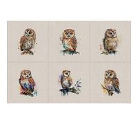 Cotton Rich Linen Look Fabric Digital Watercolour Owl Owls Bird Birds Panel (Sold Per 6 Panels)