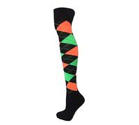 Cotton Rich Over The Knee Argyle Diamond Design Socks (Neon Green Orange on Black)