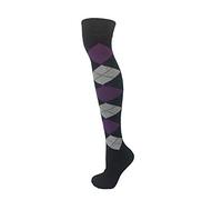Cotton Rich Over The Knee Argyle Diamond Design Socks (PURPLE WHITE ON BLACK)