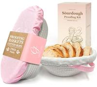 Cotton Rope Banneton Bread Proofing Basket Set, Oval & Round Baskets with Cloth Liners & Pink Covers - Artisan Sourdough Baking Supplies, Decorative Baking Tools for Kitchen & Gift Giving