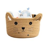 Cotton Rope Basket, Small Woven Rope Storage Basket, Cat Woven Storage Baskets, with Ear Handles, House Pet Toys Organiser for Living Kids Room Shelves, Cat Design, Caramel