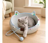 Cotton Rope Cat Bed Basket, Handwoven Cat Bed Basket with Scratching Ball, Breathable Round Cat Scratcher Bed, Cute Cat Ear Design, All Season Cozy Sleeping Nest for Indoor Cats (L,Blue)