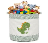 Cotton Rope Storage Basket - Toy Storage Basket 30×30CM, Cute Dinosaur Hamper with Handle, Baby Laundry Basket for Nursery Living Room Laundry for Girls Boys Kids Newborn (White and Green)