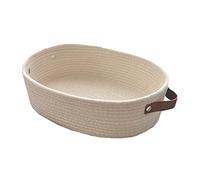 Cotton Rope Woven Basket with Leather Handle - Small Storage Basket for Shelves, Bedroom, Cupboards, Wardrobes, Drawers (Beige)
