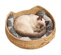 Cotton Rope Woven Cat Basket - Handmade Woven Cat Bed | Pet Sleeping Basket | Washable Cushion Pillow Backrest, Open Entrance, 35x35x13cm, All-Season, Indoor Outdoor Travel, Scratchable Breathable