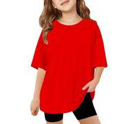 Cotton Shirts for Girls Short Sleeve Soft Plain Solid Pure Color Tops Tee Basic Loose Shirts Teens Clothes Girls Plaid Tshirt Childs Hoodie (Red-2, 9-10 Years)