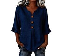 Cotton Shirts for Women UK Linen Tops for Women UK V Neck Button Up Womens Blouses Plus Size Lightweight Short Sleeve T Shirts Dressy Vintage Floral Summer Boho Top A4 Navy