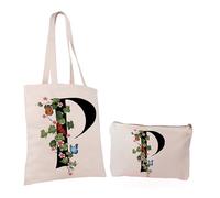 Cotton Shopper and Beauty Case Set with Letter Print, Flowers and Butterflies, Neutral Colour, Beige Natural, Letter P