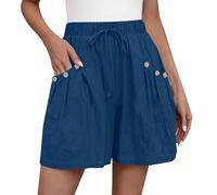 Cotton Shorts for Women Summer Casual Beach Pants with Pockets Elastic Waist Loose Wide Leg Shorts Ladies Solid Colour Bottoms Comfy Trousers My Orders UK 2025 Navy