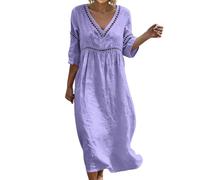Cotton Summer Dresses for Women UK 3/4 Flared Sleeve Linen Bohemian Midi Dress V Neck Hollow Cutout Trim Empire Waist Dresses Loose Fit Casual Beach Sundresses for Women 2026