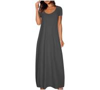 Cotton Summer Dresses for Women UK Plus Size Casual Short Sleeve Swing Long Dress Scoop Neck Flowy Sundress with Pockets for Beach Holidays Day Prime Delivery Dark Gray