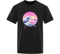 Cotton T Shirt Men Printed Vaporwave Aesthetics Top Tee Shirts Hip Hop O-Neck Short Sleeve T-Shirts Male Japan Style Black(Large)