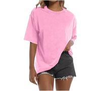 Cotton T Shirts Woman Oversize Short Sleeve Crewneck T Shirts Acid Washed Tops Drop Shoulder Oversized Shirt for Women UK Walking Holiday Travel Vintage Streetwear Plus Size Pink