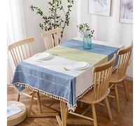 Cotton Tablecloth for Dining Room Rectangular Geometric Striped Table Cover Kitchen Decor in Green White & Blue 140x220CM Perfect for Home & Events