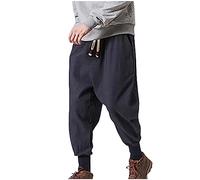 Cotton Tapered Cuffed Pants for Men Stretchy Relaxed-Fit Low Crotch Jogger Pant Trend Low Waist Hip Hop Streetwear Navy