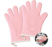 Cotton Thickened Silicone Oven Mitts Heat Resistant-2 Pack Silicone Oven Mitts with Fingers Waterproof & Non-Slip Kitchen Mitts for BBQ,Cooking,Kitchen (Pink)