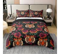 Cotton Tiger Duvet Cover for Teens,Rustic Roses Pink Orange Blooming Flowers Breathable Comforter Cover(No Filler),Nature Wild Animal Roaring Tiger Floral Bedding Set,King Size