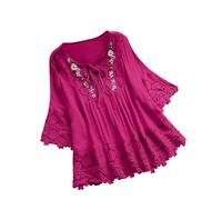 Cotton top Blouses for Women UK Elegant Lace Linen 3/4 Sleeve Crewneck Oversized T Shirts Summer Casual Boho Embroidered Going Out Party Beach Tops Hot Pink XXL