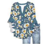 Cotton Tops for Women Summer Tops for Women UK Fashion Floral Print Flowy Ruffle Sleeve Tunic Tunic Casual Loose Fit 3/4 Length Sleeves Shirts Cotton Tee Shirts UK
