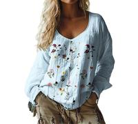 Cotton Tops for Women UK Oversized Bohemian Embroidered Tops Fall Long Sleeve Vintage Loose Elegant Blouses Ladies Beach Leisure Hippie Clothes Retro Floral Pattern Tunics XXL, Blue Style#3